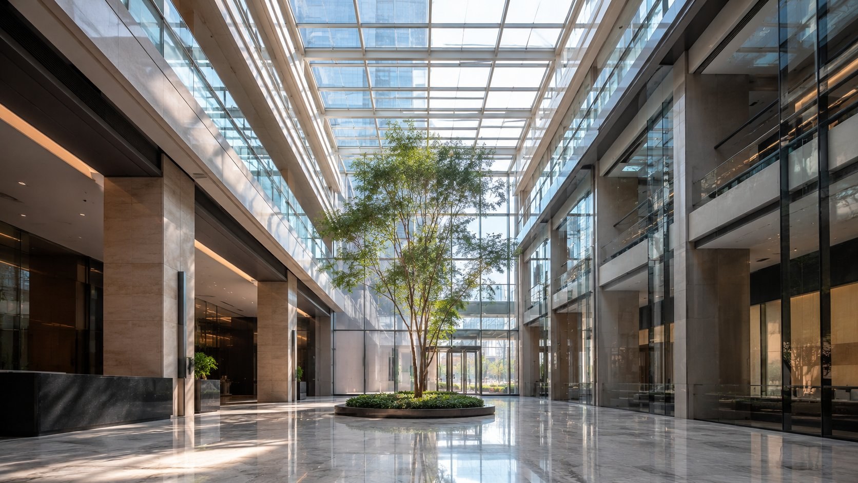 Executive office with cityscape through window